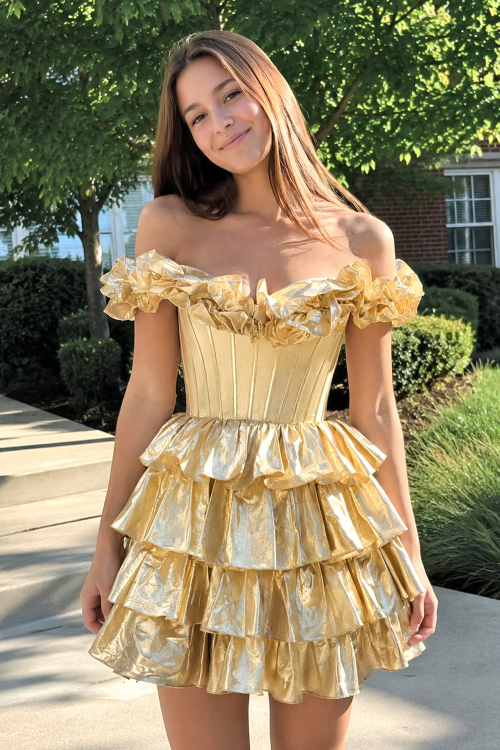 Golden A-Line Off-the-Shoulder Corset Ruffle Tiered Homecoming Dress (4) | KISSPROM