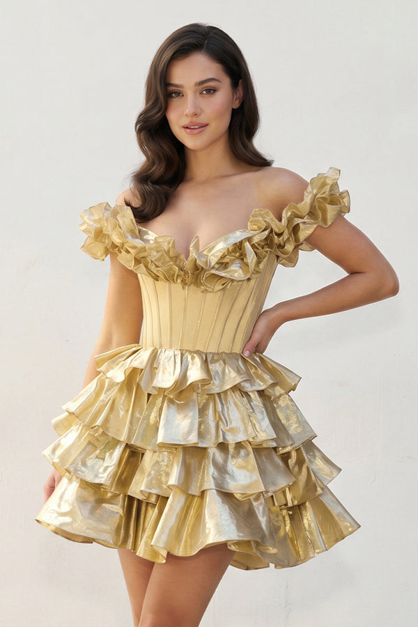 Golden A-Line Off-the-Shoulder Corset Ruffle Tiered Homecoming Dress | KISSPROM