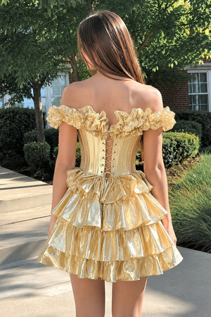 Golden A-Line Off-the-Shoulder Corset Ruffle Tiered Homecoming Dress - KISSPROM