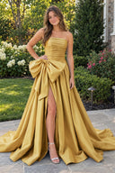 Golden A-line Strapless Taffeta Long Prom Dress With Slit | KISSPROM