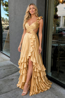 Golden Cutout Ruffle A-Line Long Prom Dress with Slit - KissProm 