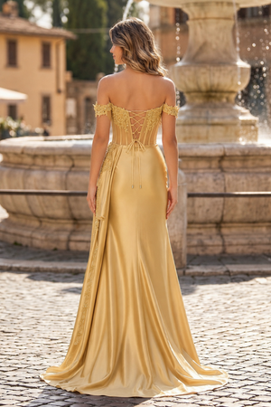 Off the Shoulder Satin Beaded Prom Dress With Appliques