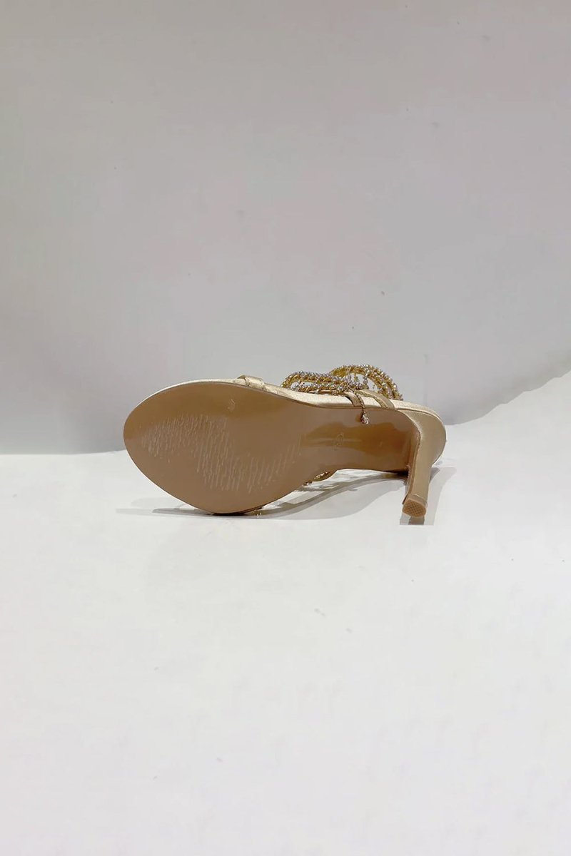 Golden Sparkly Strappy High Heeled Sandals With Tassel - KissProm