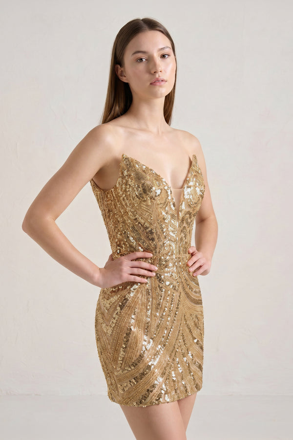 Gloden Strapless V Neck Sequins Bodycon Short Homecoming Dresses - KISSPROM