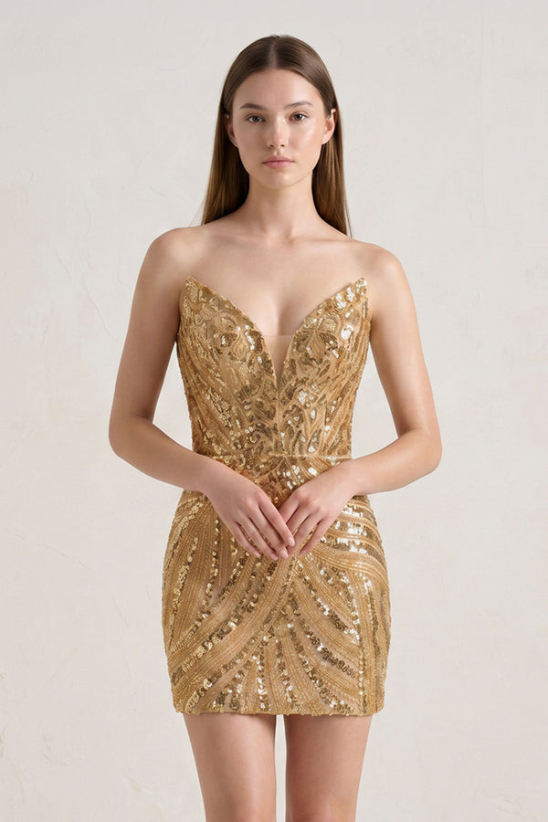 KissProm Black Strapless V Neck Sequins Bodycon Short Homecoming Dresses, Golden / 4
