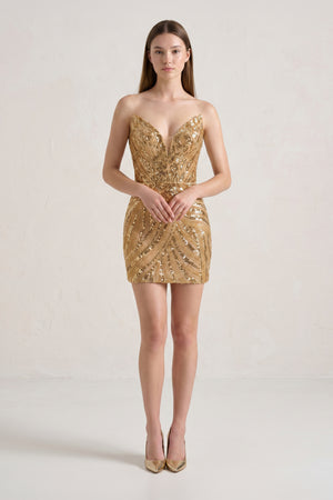 Gloden Strapless V Neck Sequins Bodycon Short Homecoming Dresses - KISSPROM