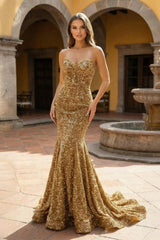 Golden Sweetheart Sequins Mermaid Long Party Dress | KISSPROM