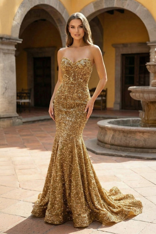 Golden Sweetheart Sequins Mermaid Long Party Dress | KISSPROM