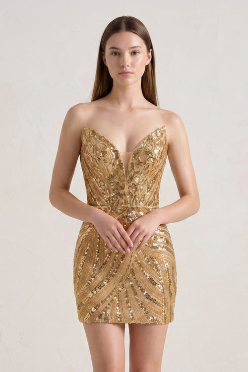 Golden V Neck Sequins Bodycon Sparkly Mini Party Dress | KISSPROM
