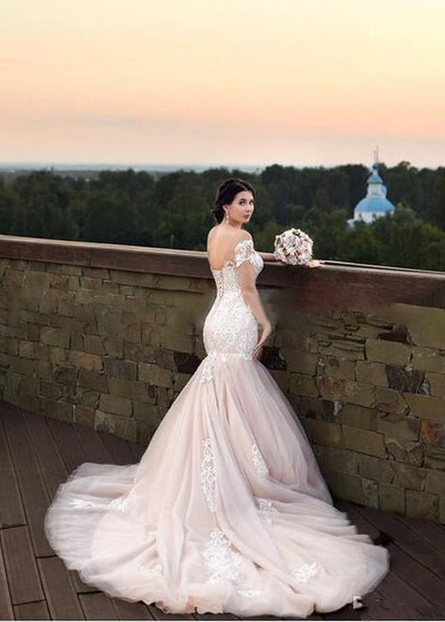 Gorgeous Mermaid Appliqued Lace Tulle Bridal Gowns With Lace - up Back - KissProm