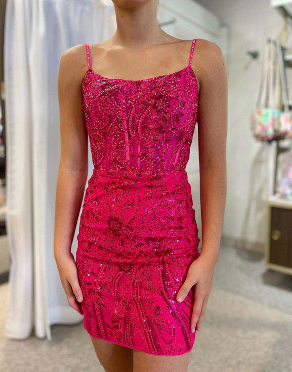 Gorgeous Spaghetti Straps Lace Up Tight Glitter Homecoming Dress - KissProm
