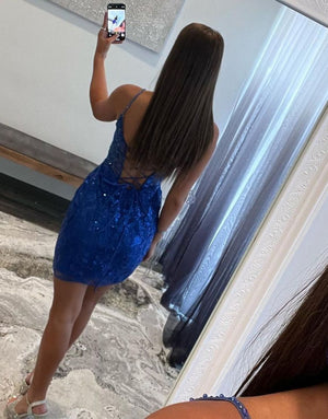 Gorgeous Spaghetti Straps Lace Up Tight Glitter Homecoming Dress - KissProm