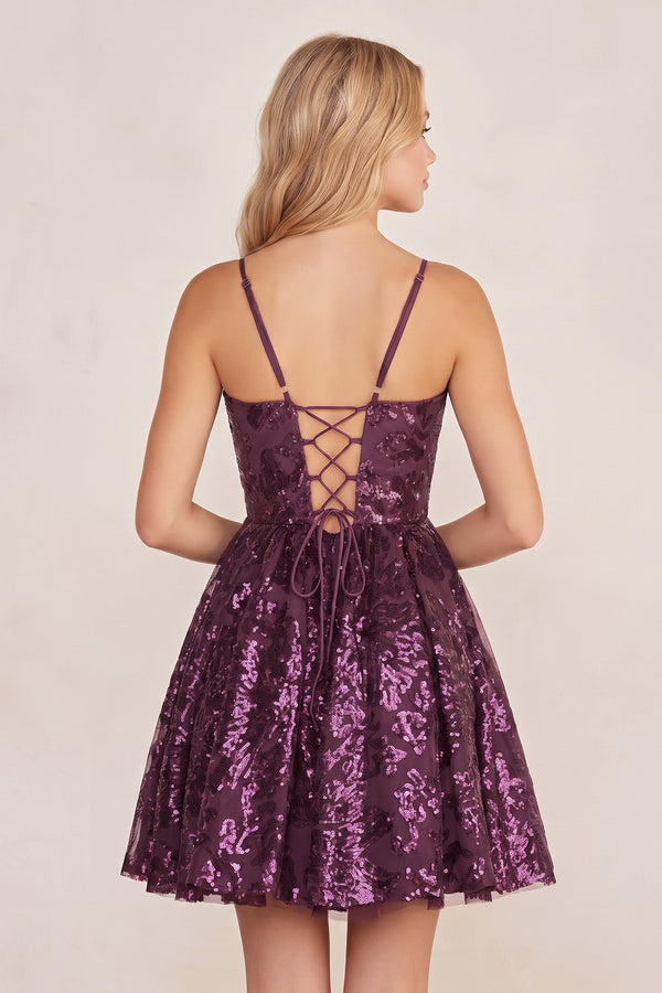 Grape A-line Spaghetti Straps V Neck Lace Homecoming Dress | KISSPROM