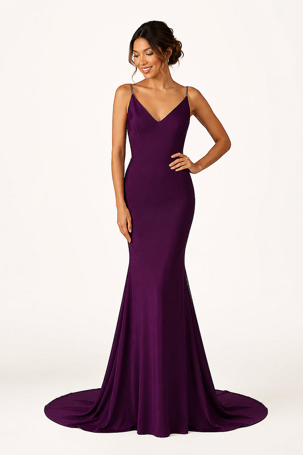 Navy Blue Beaded V-Neck Backless Mermaid Long Prom Dress - KissProm