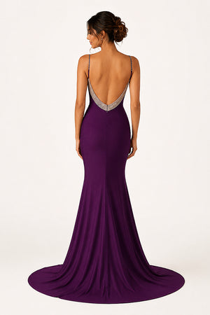 Navy Blue Beaded V-Neck Backless Mermaid Long Prom Dress - KissProm