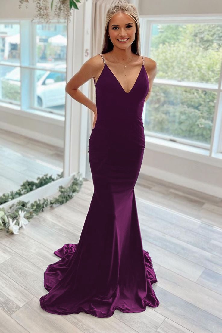 Navy Blue Beaded V-Neck Backless Mermaid Long Prom Dress, Grape / 10 Navy Blue Beaded V-Neck Backless Mermaid Long Prom Dress, Grape / 10