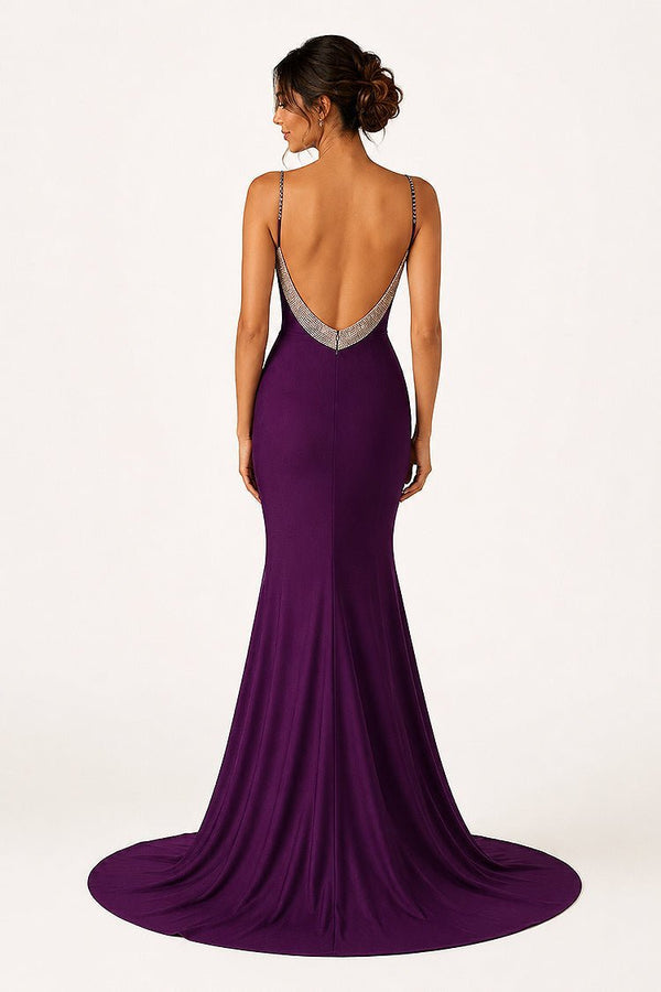 Grape V-Neck Mermaid Beaded Backless Long Formal Dress (2) | KISSPROM