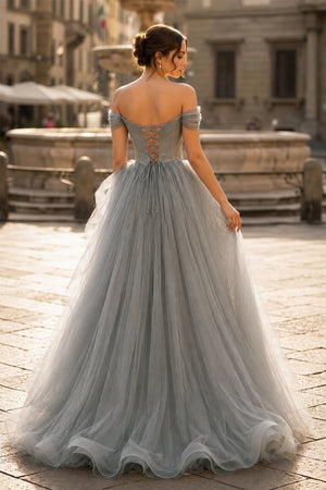 Gray A-Line Off Shoulder Long Prom Dress Lace Long Evening Dress-KissProm
