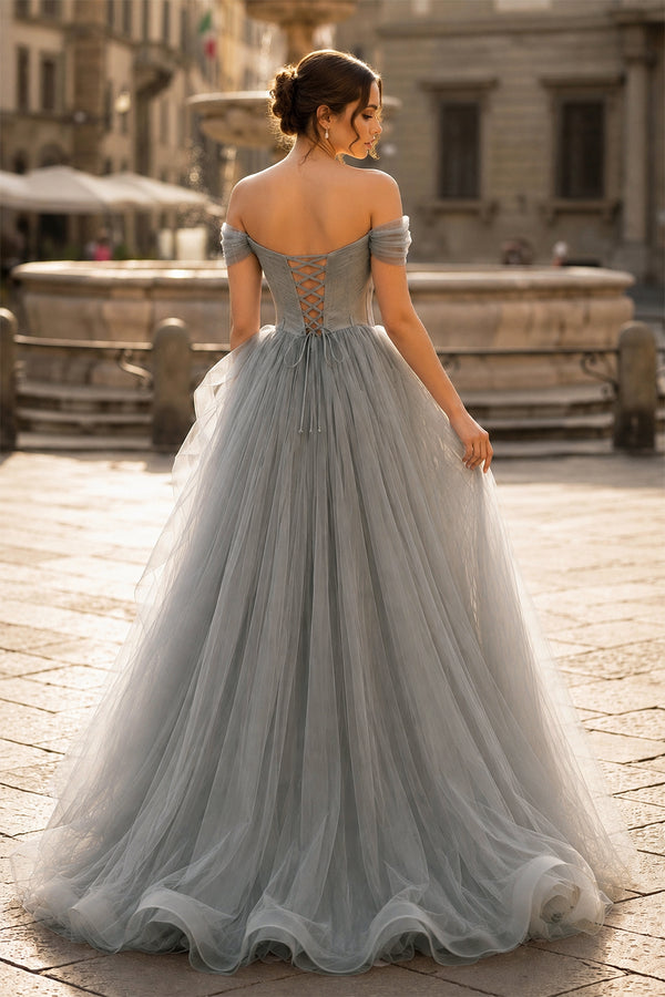 Gray A-Line Off Shoulder Long Prom Dress Lace Long Evening Dress-KissProm
