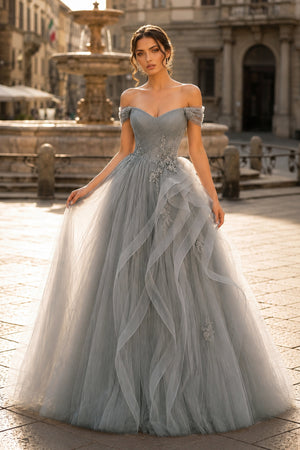 Gray A-Line Off Shoulder Long Prom Dress Lace Long Evening Dress-KissProm

