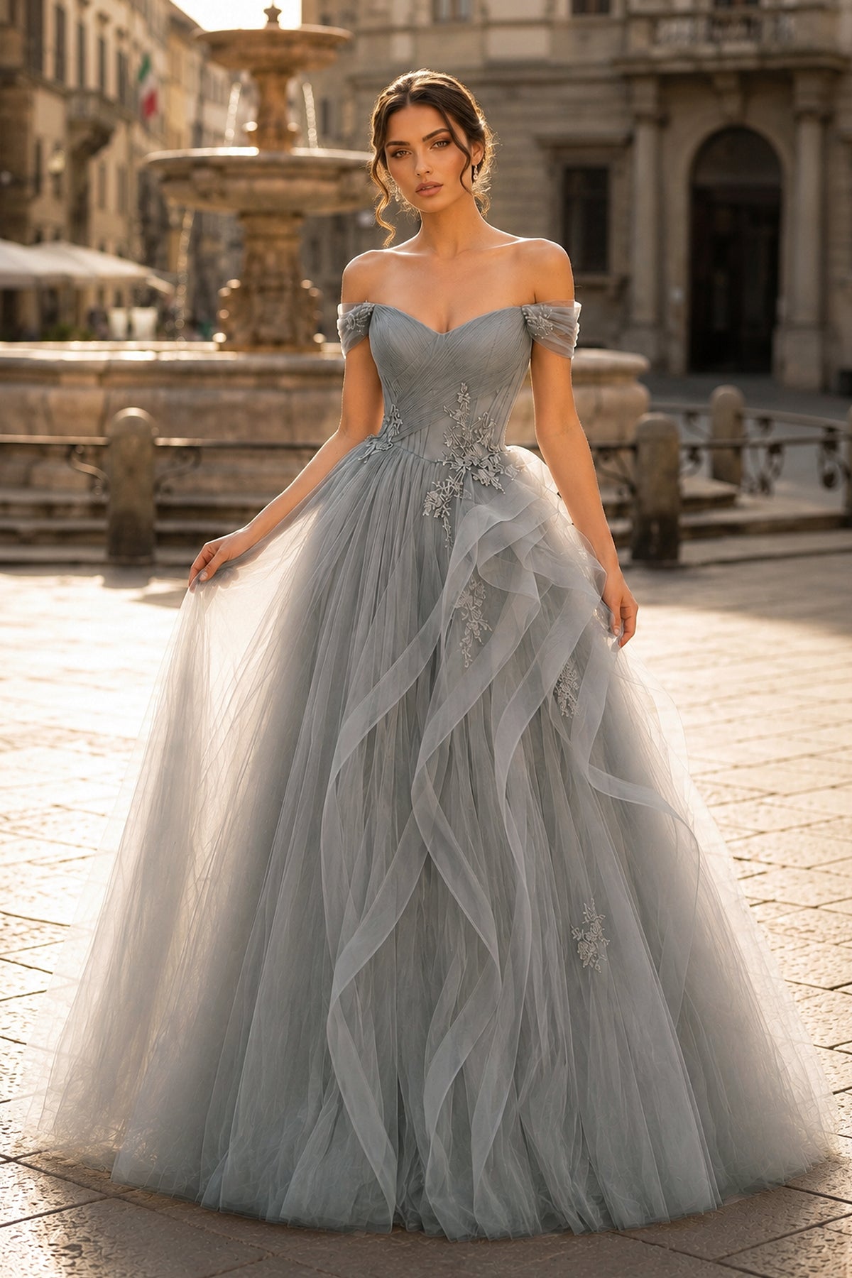 silver off the shoulder dress Green A-Line Off Shoulder Long Prom Dress Lace Long Evening Dress, Gray / 14