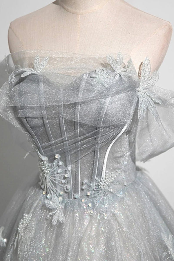 Tiana | Gray A-Line Off the Shoulder Tulle Prom Dress, Lovely Corset Floor Length Party Dress