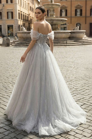 KissProm-Gray A-Line Off the Shoulder Tulle Prom Dress, Lovely Corset Floor Length Party Dress