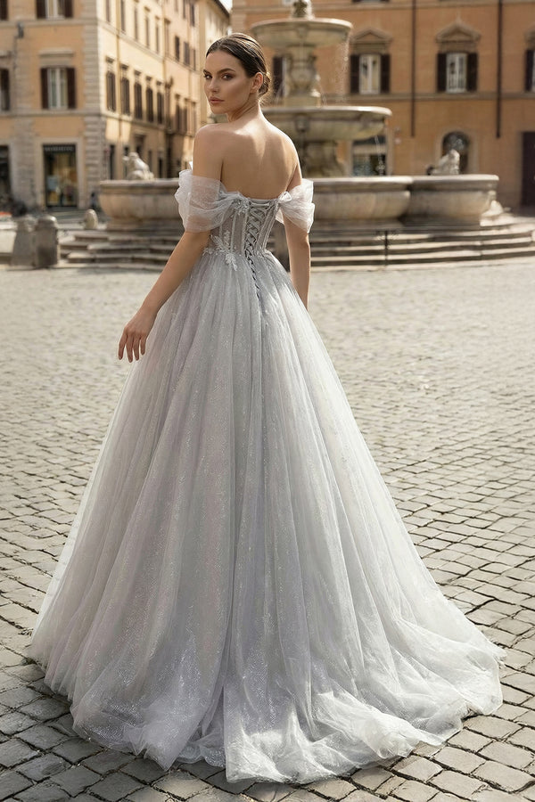 KissProm-Gray A-Line Off the Shoulder Tulle Prom Dress, Lovely Corset Floor Length Party Dress