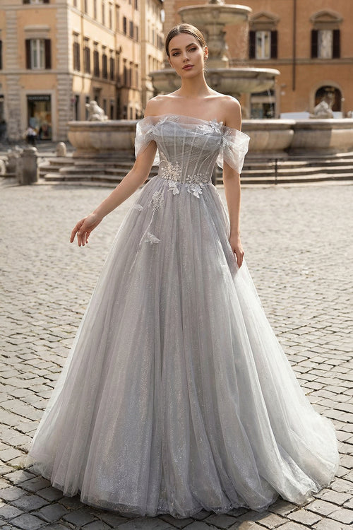 KissProm-Gray A-Line Off the Shoulder Tulle Prom Dress, Lovely Corset Floor Length Party Dress