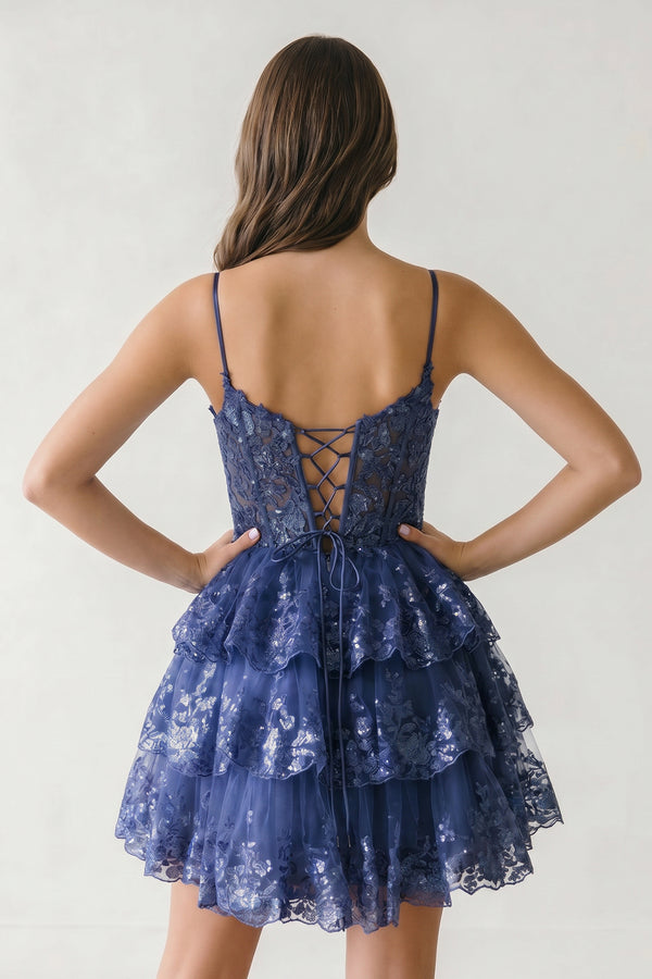 Gray Blue A- Line Sequins Multi-Layers Short Homecoming Dress - KISSPROM