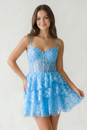 Blue A- Line Sequins Multi-Layers Short Homecoming Dress - KISSPROM