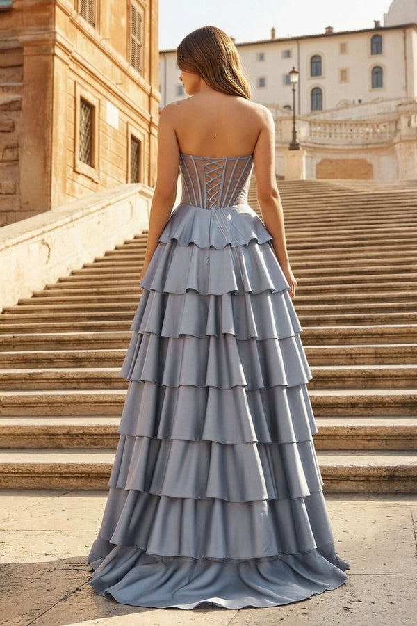 Gray Strapless A Line Satin Ruffled Long Prom Dresses With Slit - KissProm