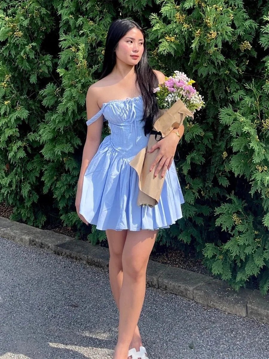 Graye | Blue - Square Neck A Line Satin Homecoming Dresses With Bow