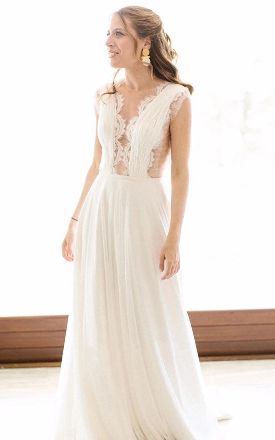 Greek A-Line Plunging Neckline Chiffon Lace Wedding Dress With Open Back And Pleats