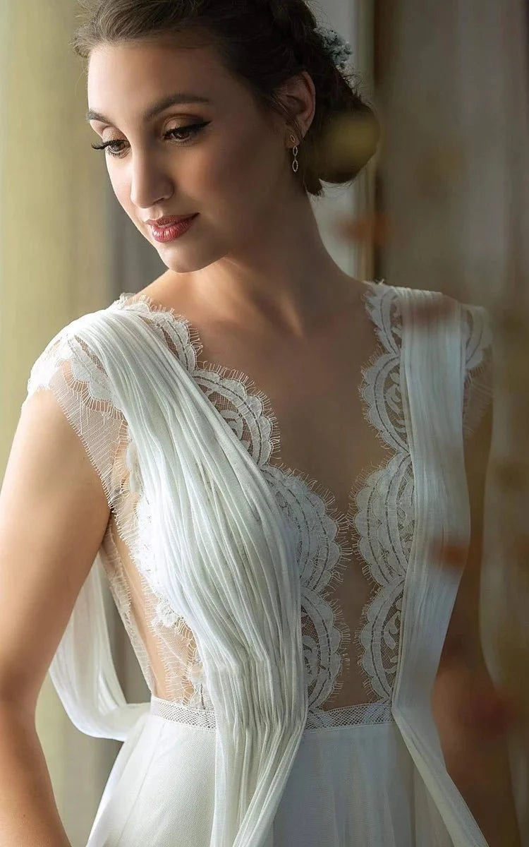 Greek A-Line Plunging Neckline Chiffon Lace Wedding Dress With Open Ba