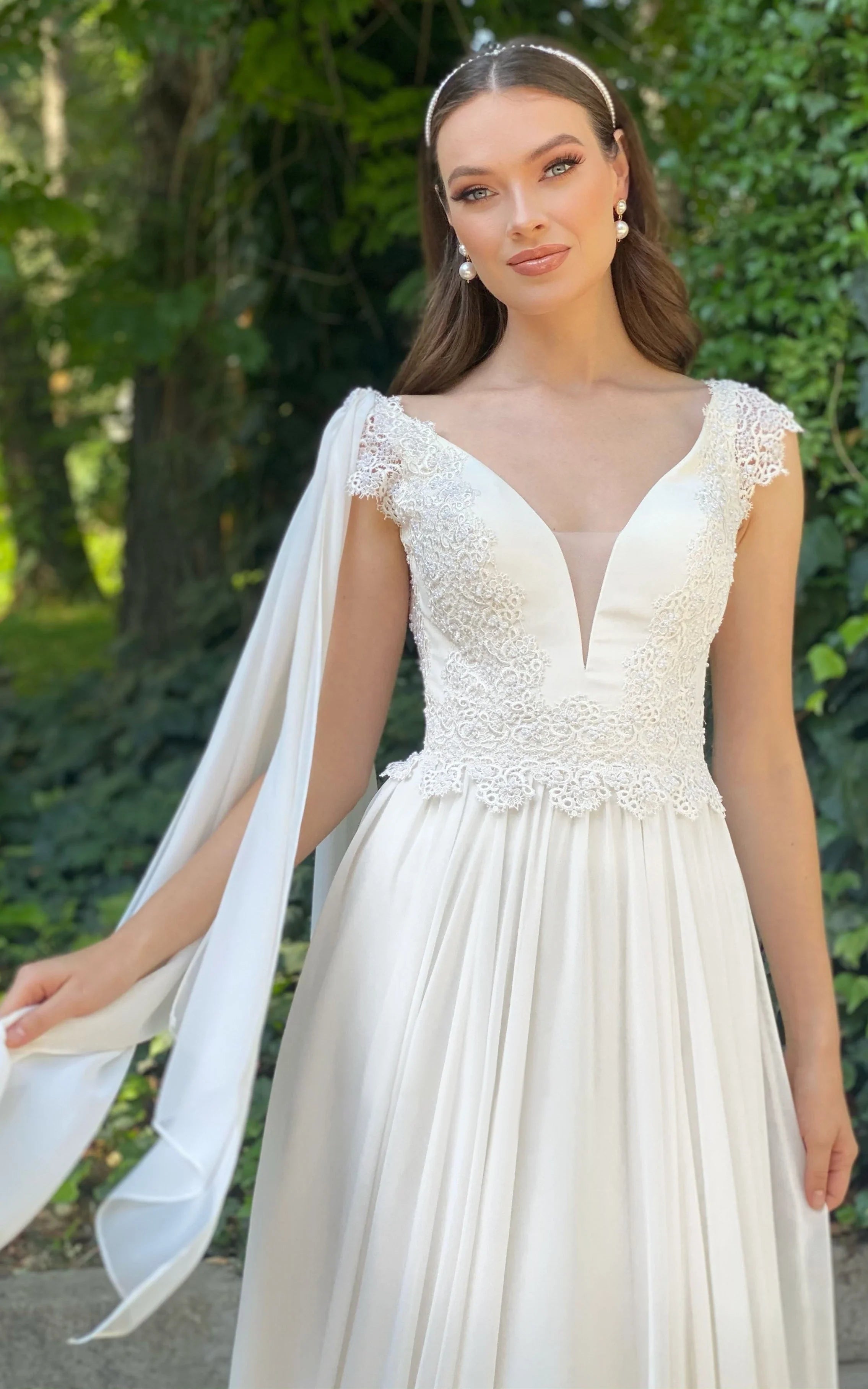 Greek Simple A Line V-Neck Chiffon Court Train Wedding Dress with Ruching, Diamond White / 8