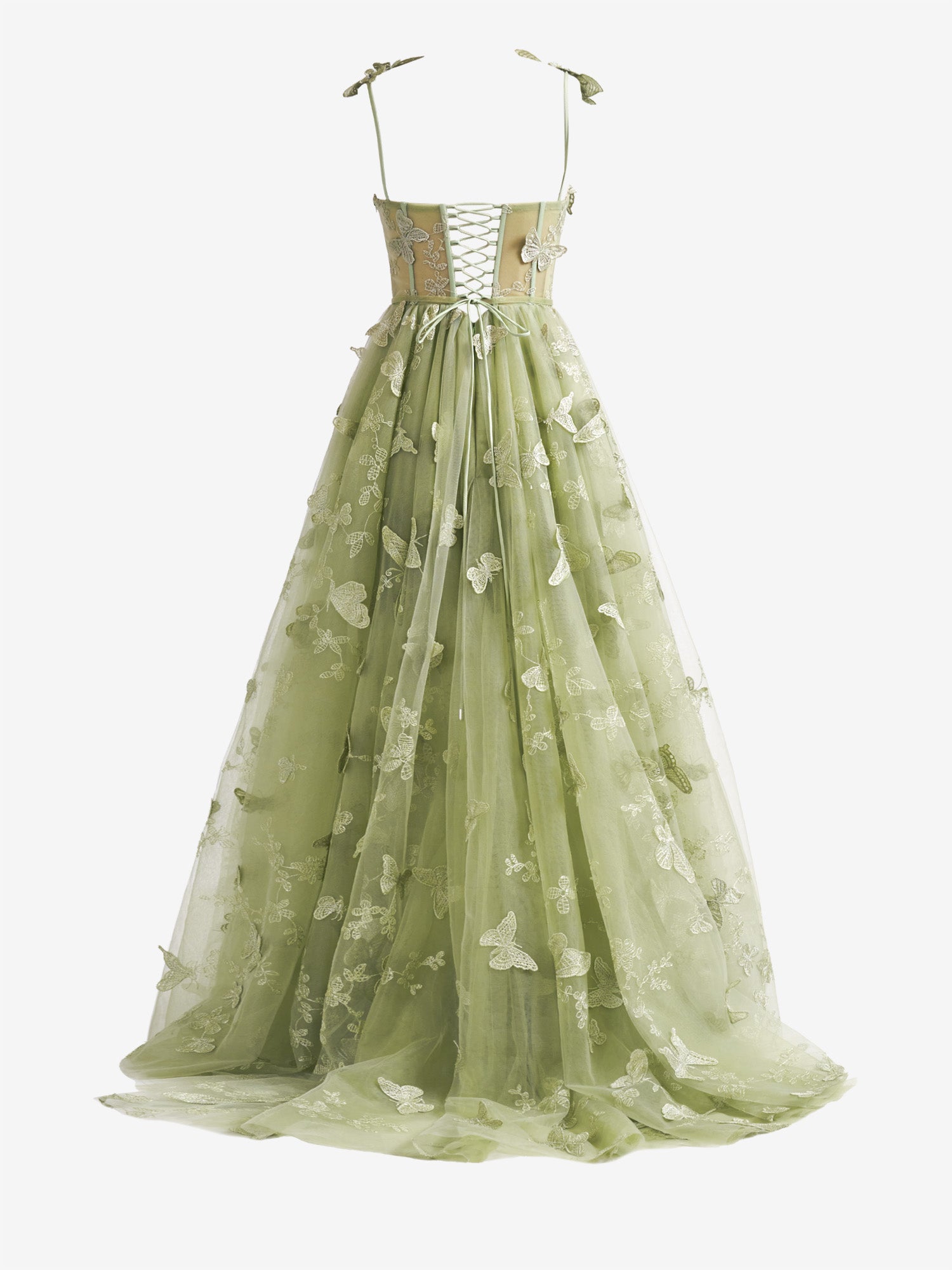 Green A-line Butterfly Lace Lilac Corset Prom Dress with Slit