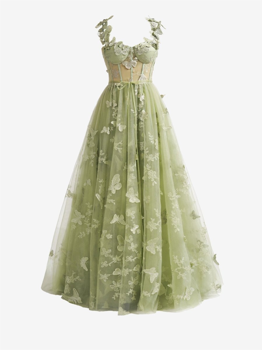 Lydia A Line Butterfly Lace Tulle Lilac Corset Prom Dress with Slit Green / 4 Lydia A Line Butterfly Lace Tulle Lilac Corset Prom Dress with Slit Green / 4