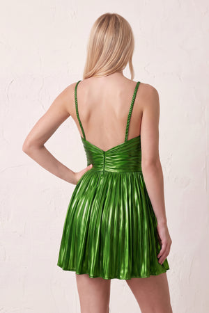 Green A-Line Metallic Spaghetti Strap Pleated Homecoming Dress (2) | KISSPROM