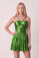 Green A-Line Metallic Spaghetti Strap Pleated Homecoming Dress | KISSPROM