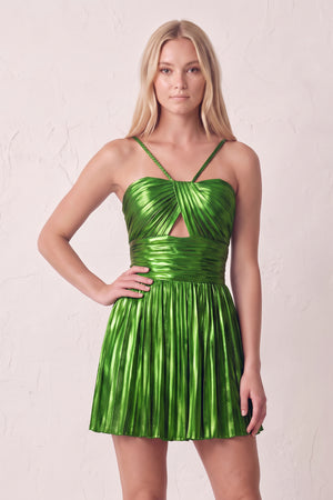 Green A-Line Metallic Spaghetti Strap Pleated Homecoming Dress | KISSPROM