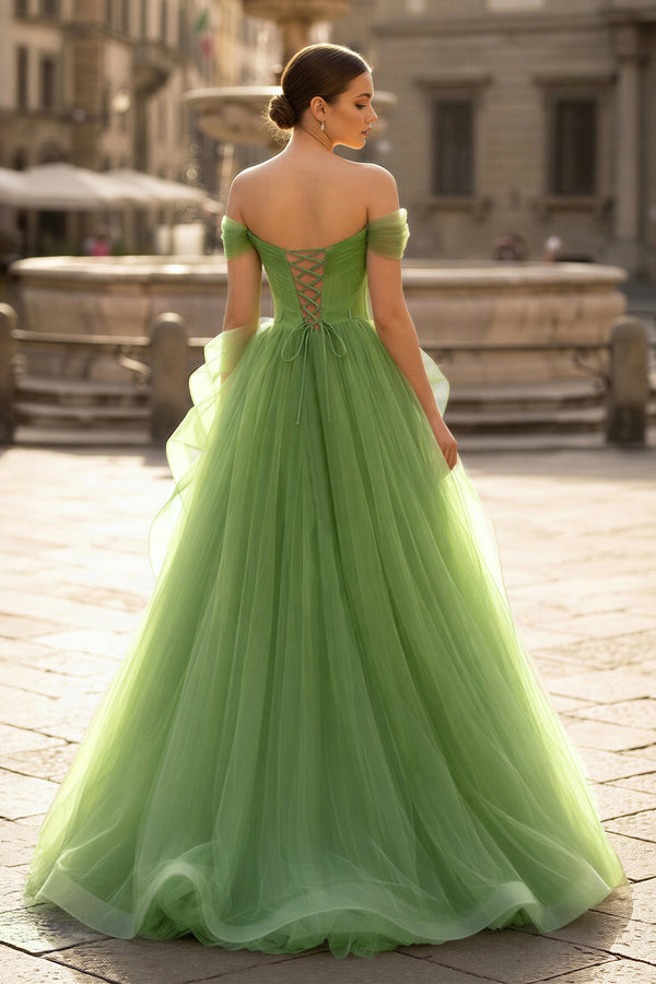 Green A - Line Off Shoulder Long Prom Dress Lace Long Evening Dress - KissProm