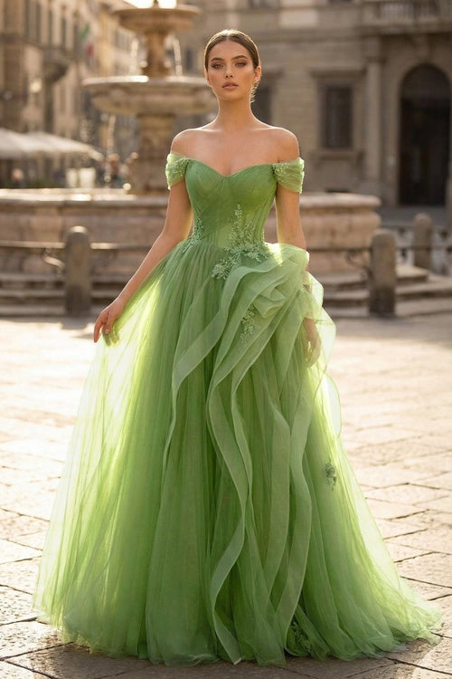 Green A - Line Off Shoulder Long Prom Dress Lace Long Evening Dress - KissProm