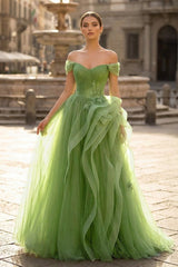 Green A - Line Off Shoulder Long Prom Dress Lace Long Evening Dress - KissProm