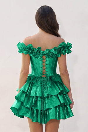 Green A-Line Off-the-Shoulder Corset Ruffle Tiered Homecoming Dress (2) | KISSPROM