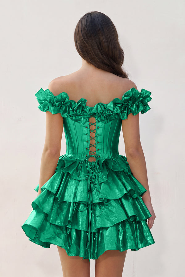 Green A-Line Off-the-Shoulder Corset Ruffle Tiered Homecoming Dress (2) | KISSPROM