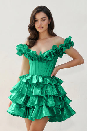 Green A-Line Off-the-Shoulder Corset Ruffle Tiered Homecoming Dress | KISSPROM