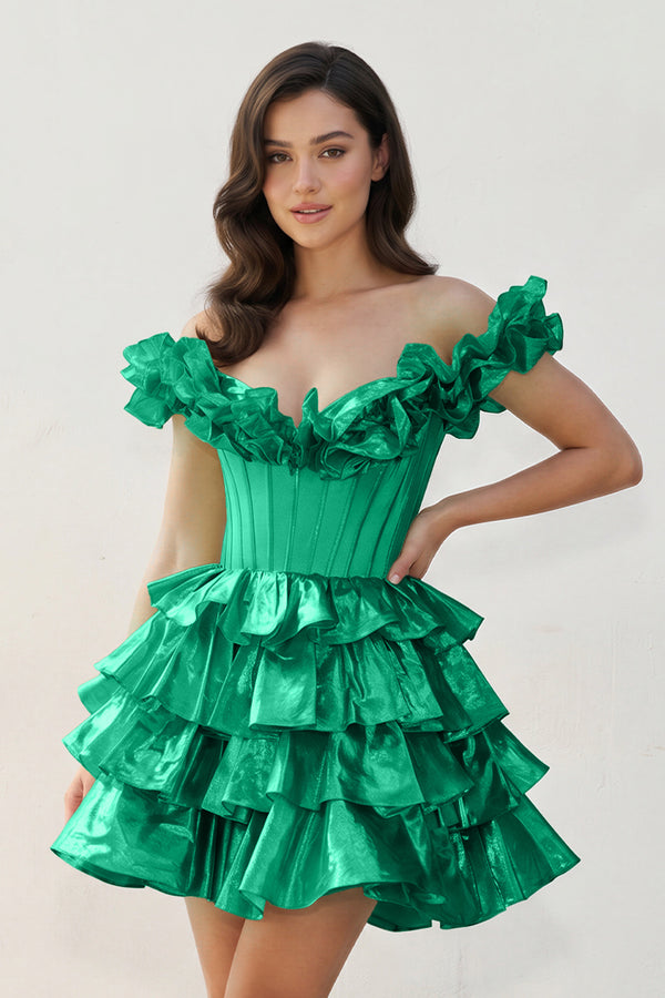 Green A-Line Off-the-Shoulder Corset Ruffle Tiered Homecoming Dress | KISSPROM