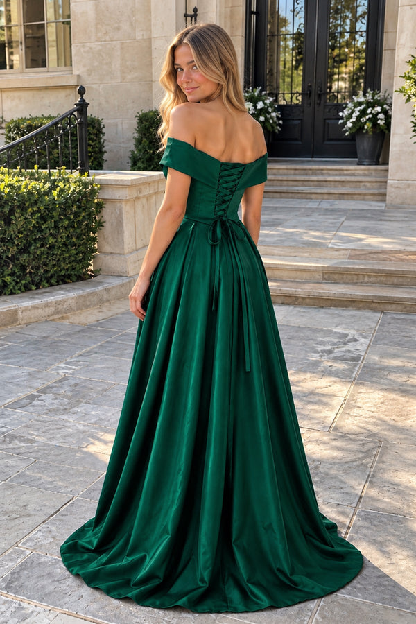 Green A-Line Off The Shoulder Satin Long Formal Dress with Slit (2) | KISSPROM