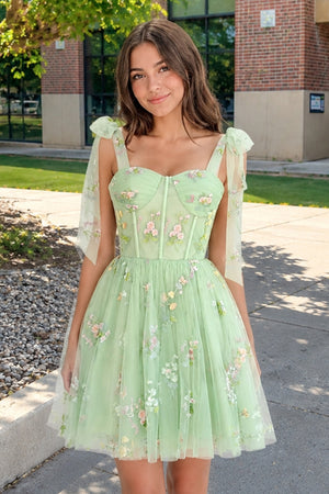 Green Trendy A Line Spaghetti Straps Short Homecoming Dress with Embroidery - KISSPROM